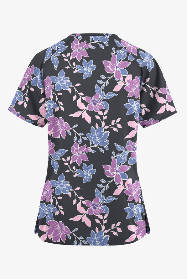 Butter-Soft Originals Spring Gardenia Women's 3-Pocket Mock Wrap Raglan Sleeve Print Scrub Top - null - 2