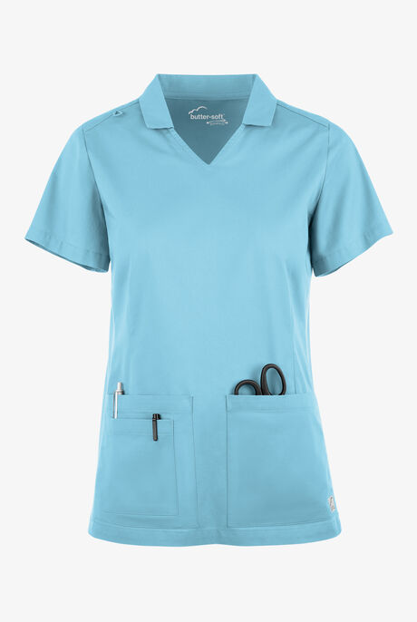 Butter-Soft STRETCH Women's 3-Pocket Short Sleeve Collar and Knit Panels Scrub Top