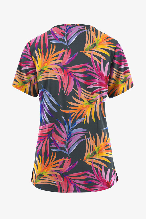 Easy STRETCH Flower Splash Pewter Women's 4-Pocket Zip Curved Neck Print Scrub Top - null - 2