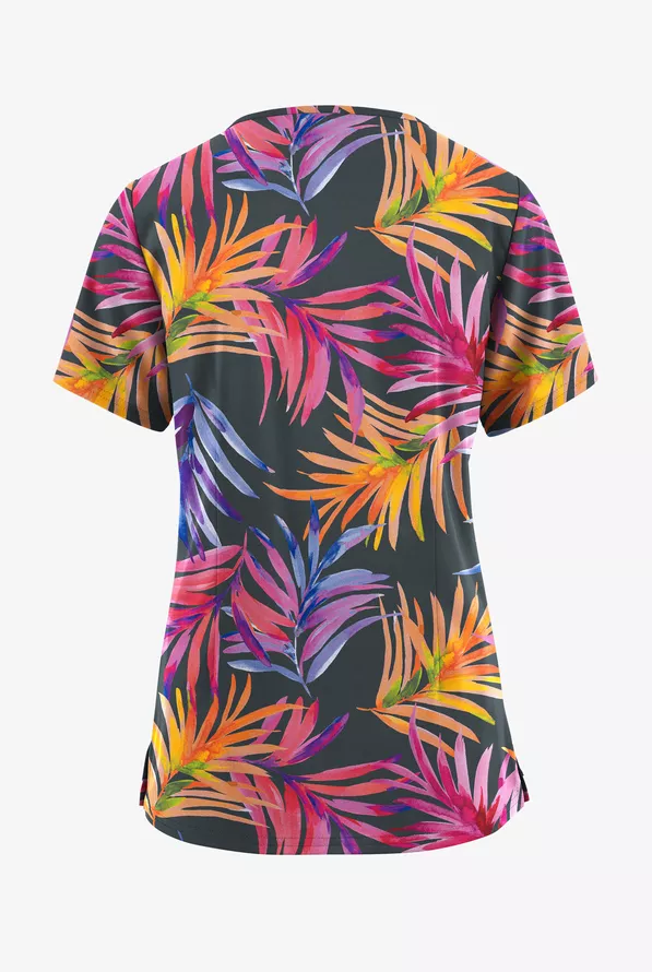 Easy Stretch Flower Splash Pewter Women's 4-Pocket Zip Curved Neck ...