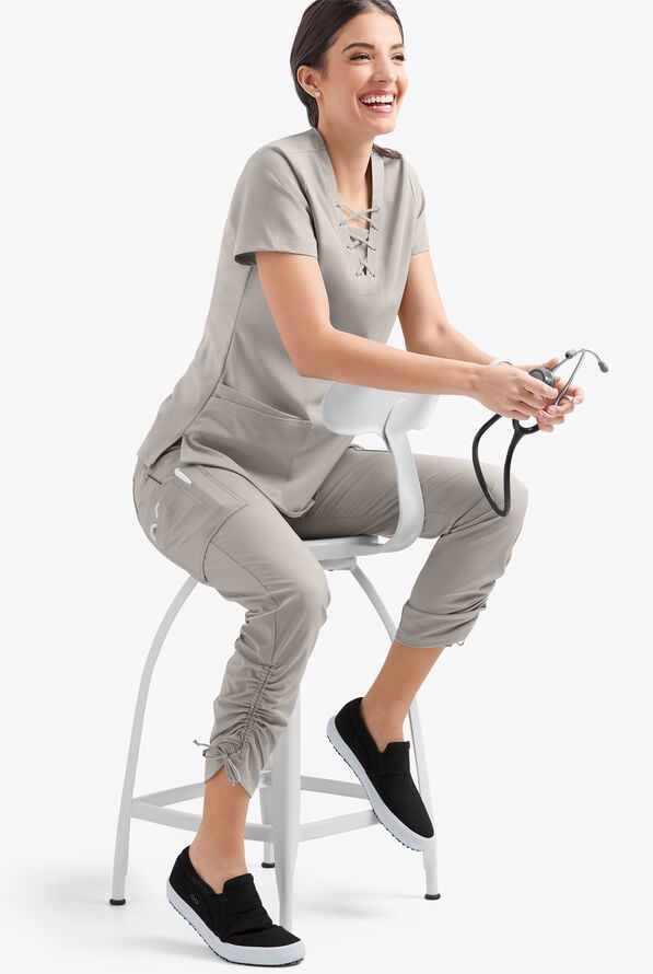 Easy STRETCH Halle Women's 11-Pocket Ruched Leg Jogger Scrub Pants - Lunar Grey - 4