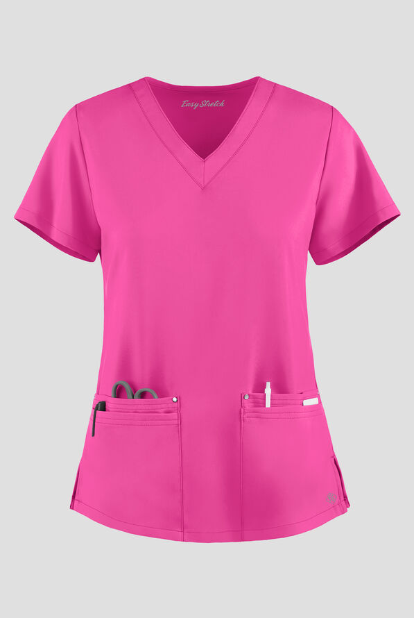 Easy STRETCH Lina Mitered Women's 4-Pocket V-Neck Scrub Top - Glam Pink - 1