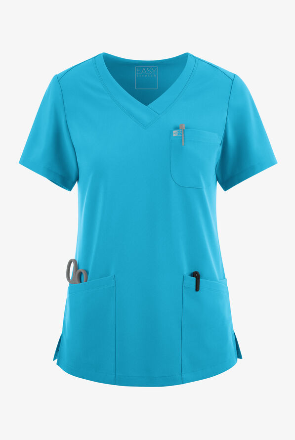 Easy STRETCH Tessa Women's 5-Pocket V-Neck Scrub Top - Turquoise - 1