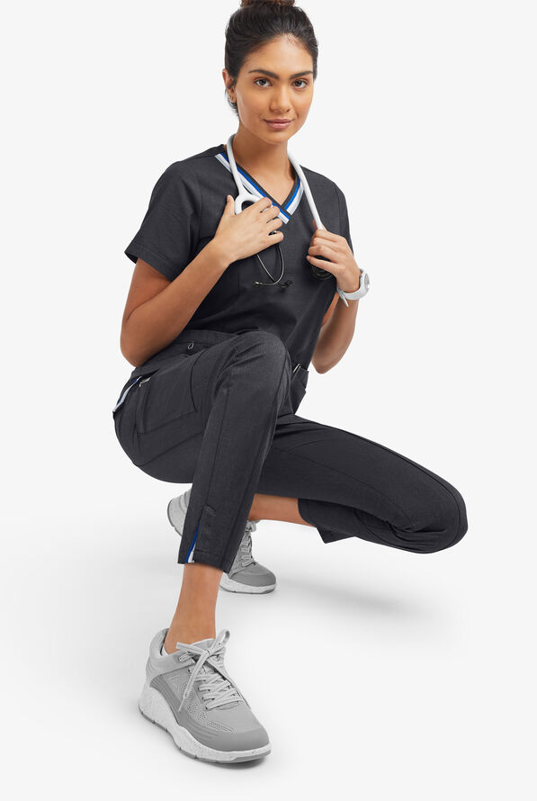 Butter-Soft STRETCH Women's 6-Pocket Pin-Tuck Crop Slim with Sport Trim Detail Scrub Pants - Heather Charcoal/Navy - 6