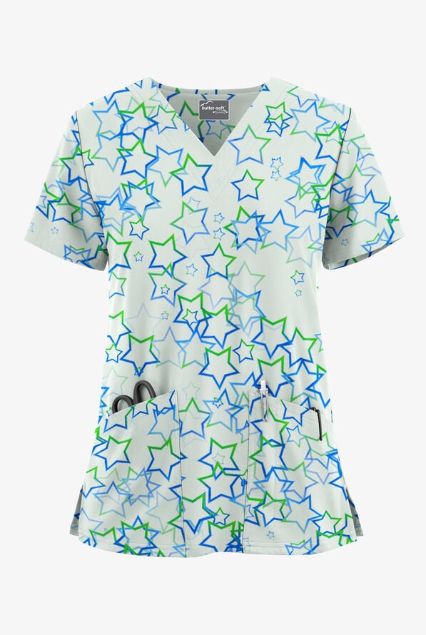 Butter-Soft STRETCH Kaleidoscope Stars Salt Blue Women's 2-Pocket V-Neck Print Scrub Top - null - 1