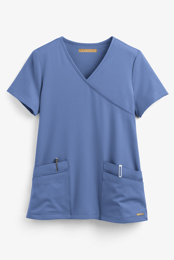 Lauderdale by UA Solar Women's 4-Pocket V-Neck Mock Wrap STRETCH Scrub Top - Ceil Blue - 1