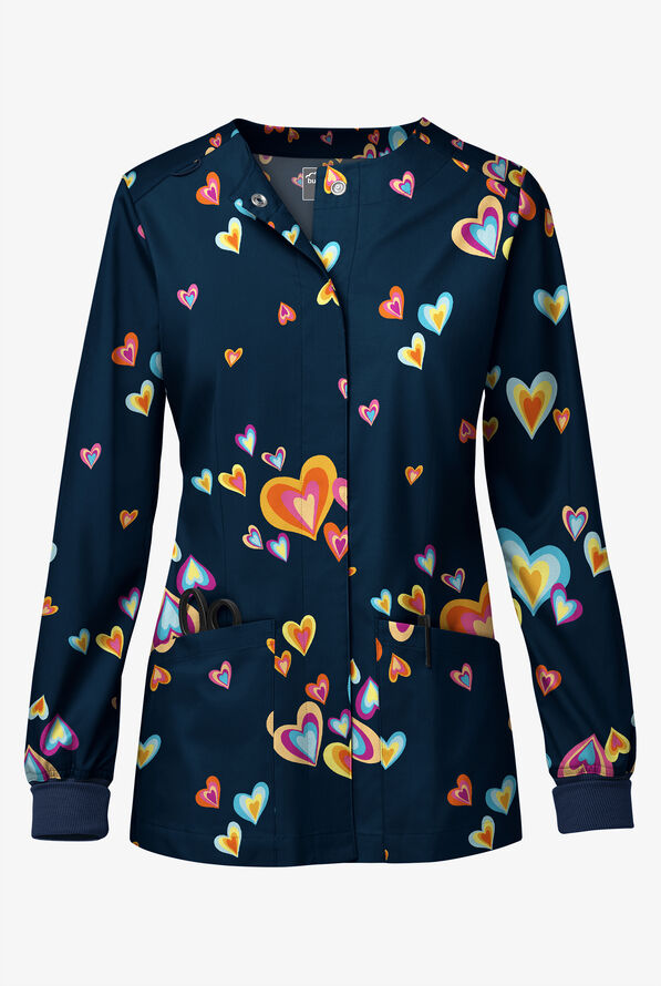 Butter-Soft STRETCH Pop Heart Navy Women's Printed Long Sleeve Snap Front Jacket - null - 1