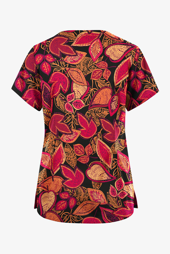 Blusa médica estampada Butter-Soft Originals Filigree Leaves Black con cuello festoneado y 6 bolsillos para mujer - null - 2