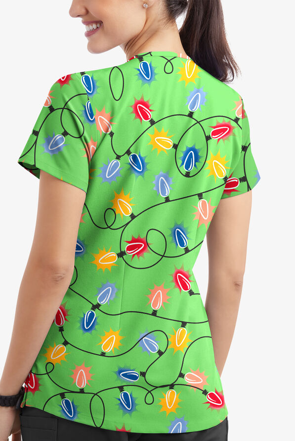 Butter-Soft Fairy Lights Grass Green Women's 4-Pocket Rounded V-Neck Printed Scrub Top - null - 3