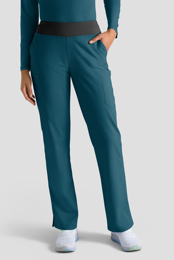Butter-Soft STRETCH Women's 4-Pocket Knit Waistband Yoga Scrub Pants - Tall - Caribbean/Black - 1