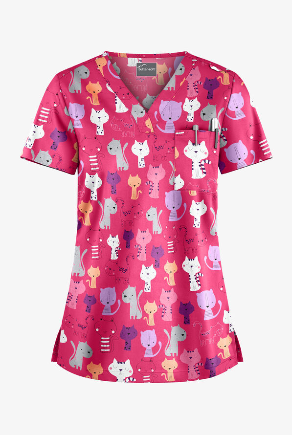 Butter-Soft Paris Cats Fuchsia Women's 1-Pocket V-Neck Tuck-In Print Scrub Top - null - 1