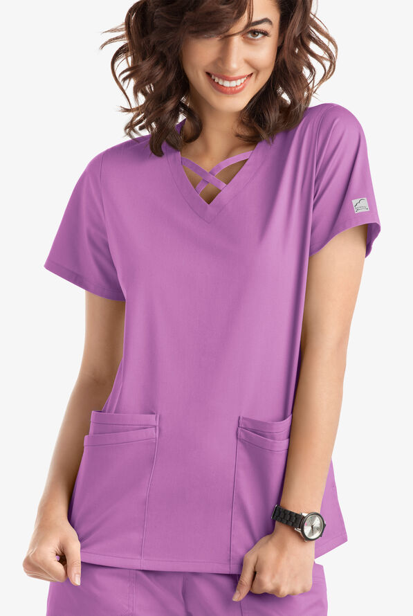 Blusa m&eacute;dica UA Butter-Soft STRETCH con lazos entrecruzados y 4 bolsillos para mujer - Orchid - 2