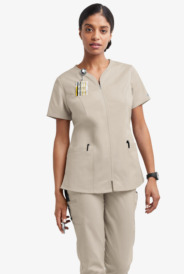 Butter-Soft STRETCH Women's 4-Pocket Smooth Face Zipper Scrub Top - Warm Sand - 2