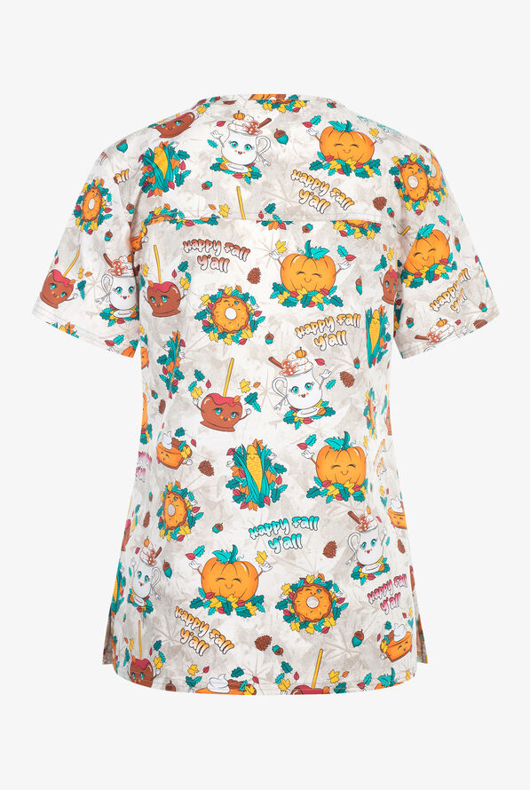 Cherokee Happy Fall Y'all Women's 2-Pocket STRETCH V-Neck Print Scrub Top - null - 2