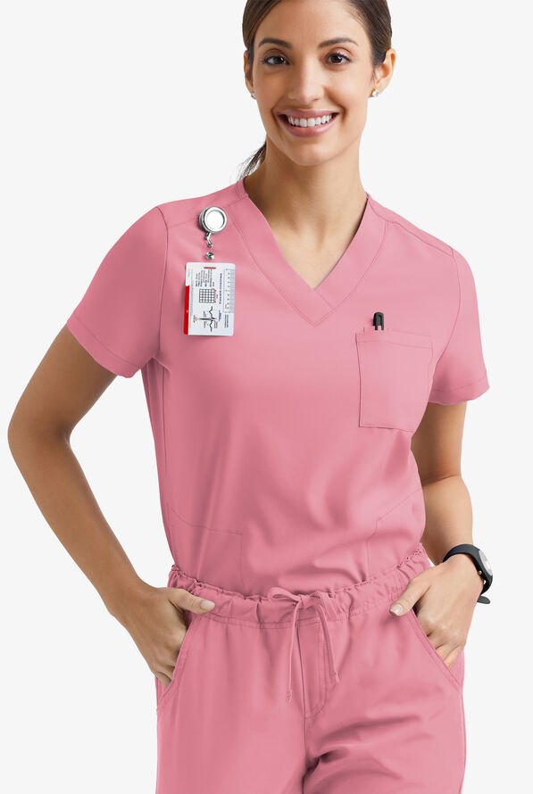 Easy STRETCH Taylor Women's 3-Pocket High Low Hem V-Neck Scrub Top - Cashmere Rose - 1