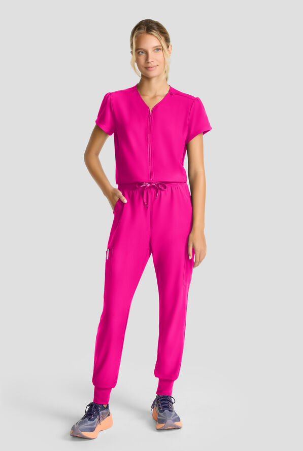 Med Couture Insight Women's 4-Pocket Zip Front Drawstring Waist Scrub Jumpsuit - Aurora Berryalis - 1