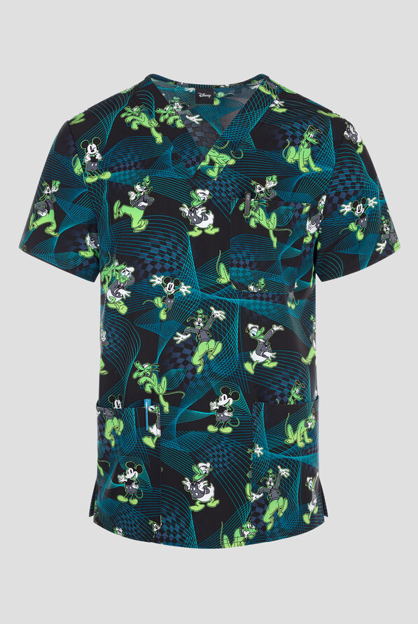 Tooniforms Disney's Mickey Take It Chill Men's 3-Pocket STRETCH V-Neck Print Scrub Top - null - 1