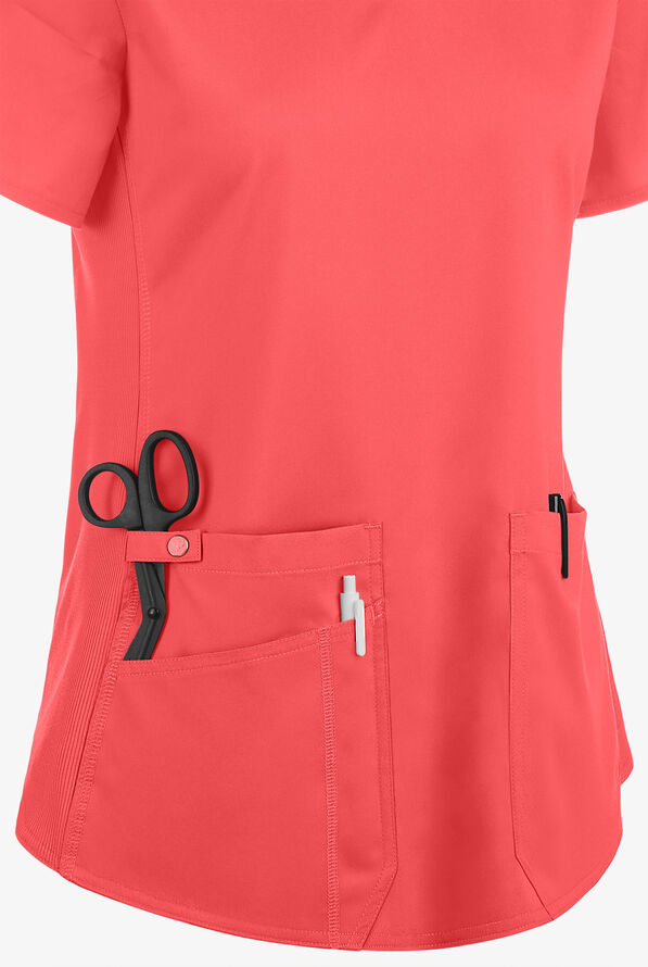 Med Couture Touch Women's 3-Pocket STRETCH Rib-Knit Side Panels Shirttail V-Neck Scrub Top - Coral - 3