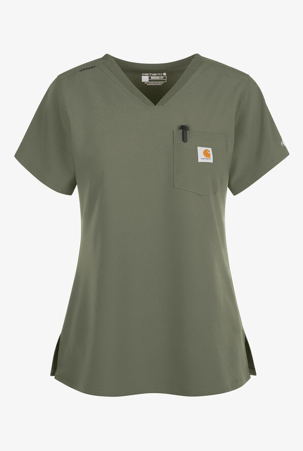 Carhartt Cross-Flex Force Women's 1-Pocket STRETCH Knit Panel Tuck In Scrub Top - Olive - 1