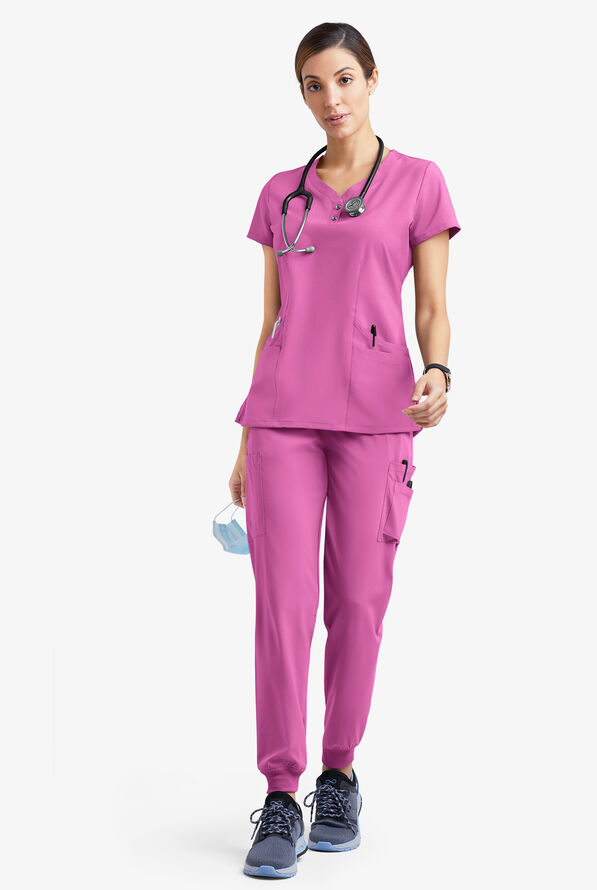 Easy STRETCH Demi Women's 4-Pocket Henley Scrub Top - Magnesium Pink - 2