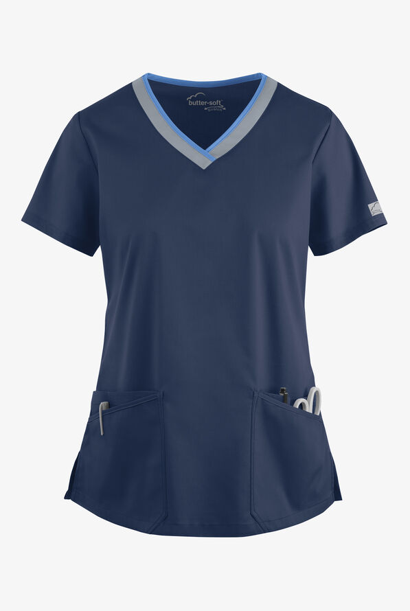 Butter-Soft STRETCH Women's 4-Pocket Active Rounded V-Neck Scrub Top - Navy/Silver/Ceil - 1