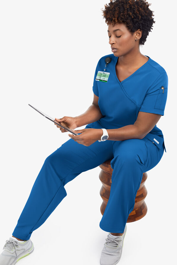 Butter-Soft Women's 5-Pockets Faux Wrap Scrub Top **Slightly IRREGULAR** - Royal - 7