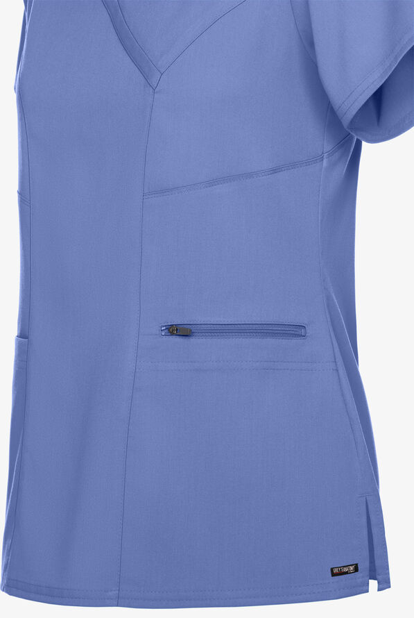 Grey's Anatomy by Barco Spandex STRETCH Kim Women's 3-Pocket Mock Wrap Scrub Top - Ceil Blue - 4