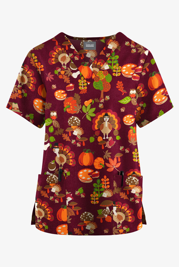 Butter-Soft Originals Friendly Thanksgiving Wine Women's 2-Pocket Classic Fit V-Neck Print Scrub Top - null - 1