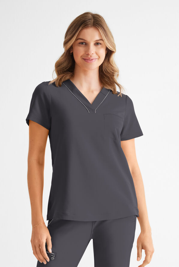 360 by Healing Hands Stella Women's 1-Pocket STRETCH Side Snap V-Neck Scrub Top - Pewter - 2