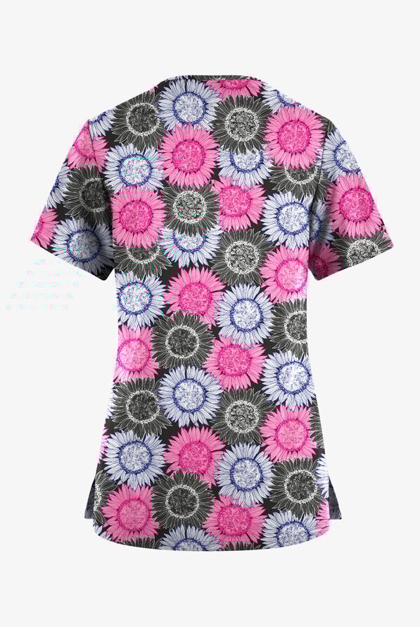 Butter-Soft Originals Sunflower Field Black Printed Women's 7-Pocket Curved V-Neck Scrub Top - null - 2