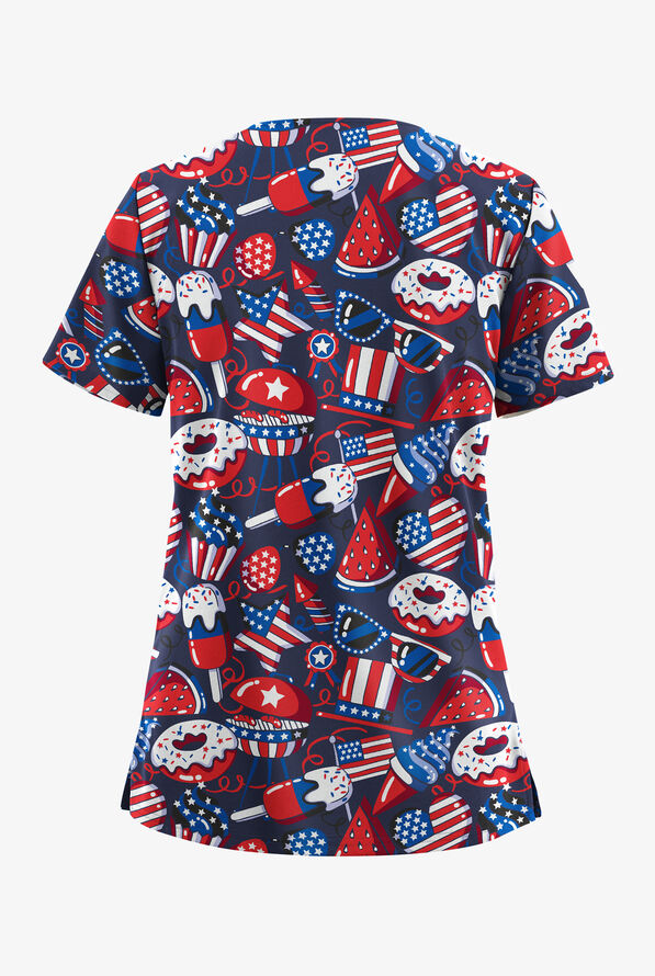 Butter-Soft STRETCH Freedom Celebration Women's 2-Pocket V-Neck Print Scrub Top - null - 2