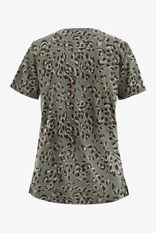 Easy STRETCH Modern Cheetah Olive Leaf Women's 2-Pocket V-Neck Print Scrub Top - null - 2