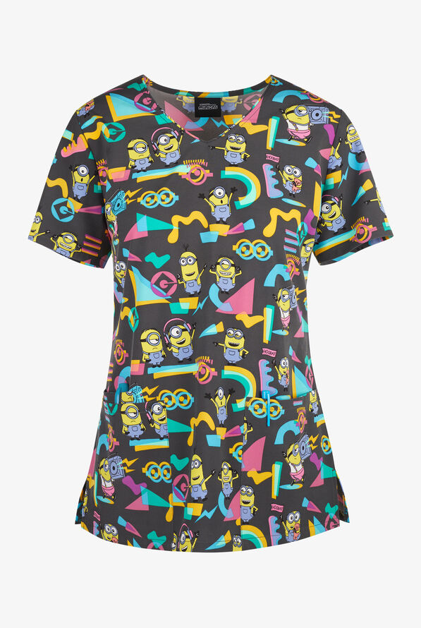 Blusa médica estampada Tooniforms Minions Positive Vibe Tribe STRETCH con cuello en V y 3 bolsillos para mujer - null - 1