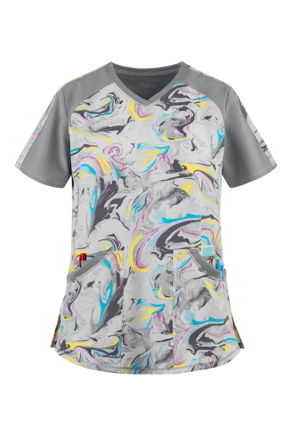 Blusa médica estampada Cherokee Infinity Marvelous Marble con cuello en V y 4 bolsillos para mujer - null - 1