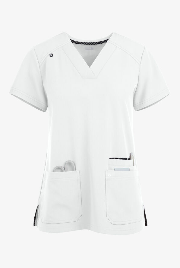 koi Next Gen Hustle and Heart Women's 3-Pocket STRETCH V-Neck Scrub Top - White - 1