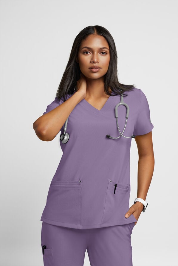 Blusa médica Easy STRETCH Lina con cuello en V ingleteado y 4 bolsillos para mujer - Purple Dusk - 2