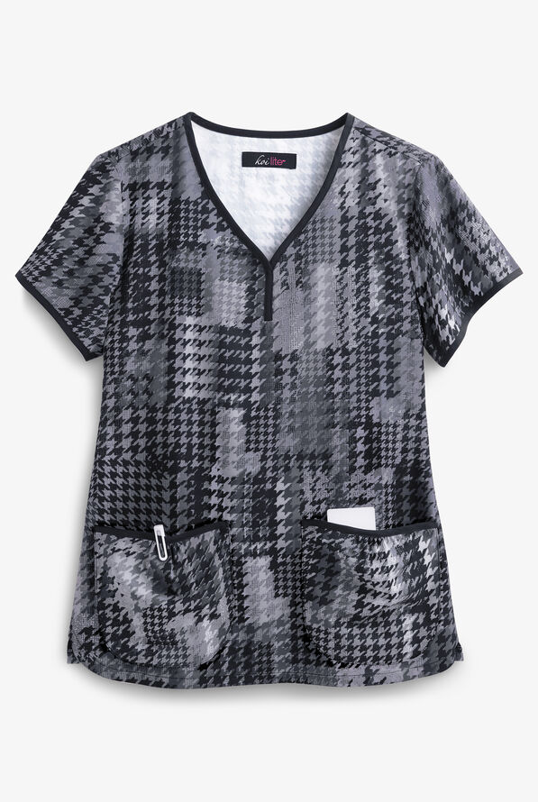 koi Lite™ Houndstooth Platinum Eve Women's 2-Pocket Y-Neck Print Scrub Top - null - 1