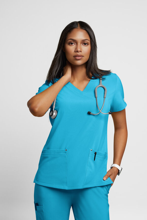 Easy STRETCH Lina Mitered Women's 4-Pocket V-Neck Scrub Top - Turquoise - 2