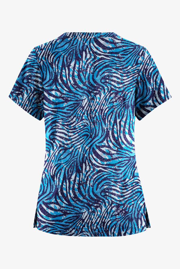 Butter-Soft Originals Abstract Zebra Turquoise Women's 6-Pocket Scallop Neck Print Scrub Top - null - 2