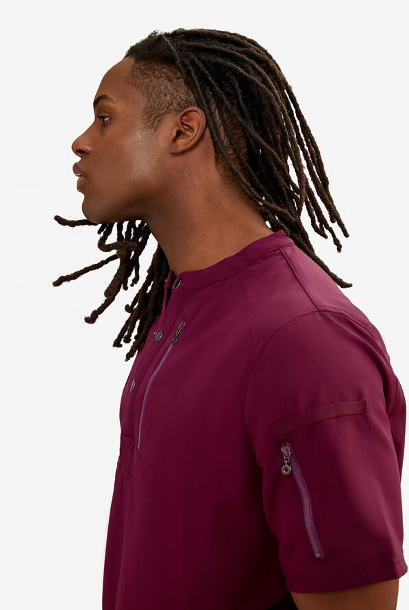 Keswi Men's 2-Pocket Snap Front Henley Scrub Top - Wine - 2
