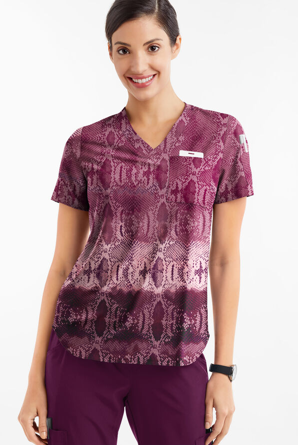 Easy STRETCH Wild Border Wine Women's 2-Pocket V-Neck Tuck-In Print Scrub Top - null - 2