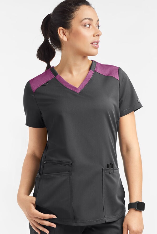 UA Exclusive Dickies Balance Women's 5-Pocket STRETCH Heather Trim V-Neck Scrub Top - Pewter/Heather Iris - 2