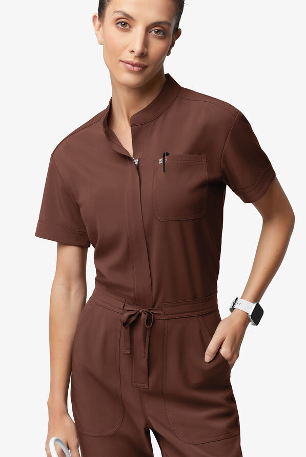 Easy STRETCH Allie Women's 6-Pocket Short Sleeve Jumpsuit - Double Espresso - 2