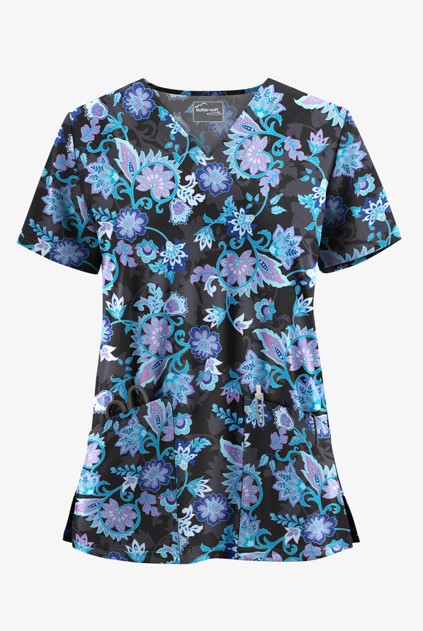 Butter-Soft STRETCH Jacobean Spring Women's 2-Pocket V-Neck Print Scrub Top - null - 1