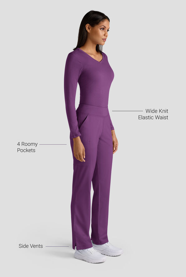 Butter-Soft STRETCH Women's 4-Pocket Knit Waistband Yoga Scrub Pants - Tall - Eggplant - 3