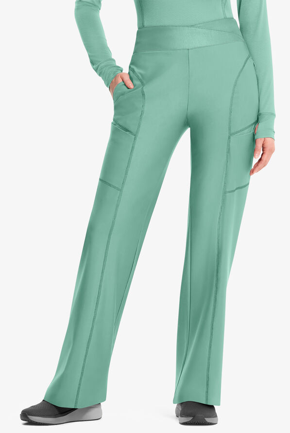 Infinity GNR8 Kinetic Knit Women's 5-Pocket STRETCH Cross-Over Waistband Wide Leg Scrub Pants - Matcha Latte - 1
