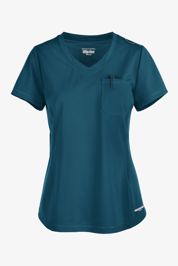 Skechers by Barco Slip-ins Flow Women's 1-Pocket STRETCH Tulip Hem Tuck In V-Neck Scrub Top - Bahama Blue - 1