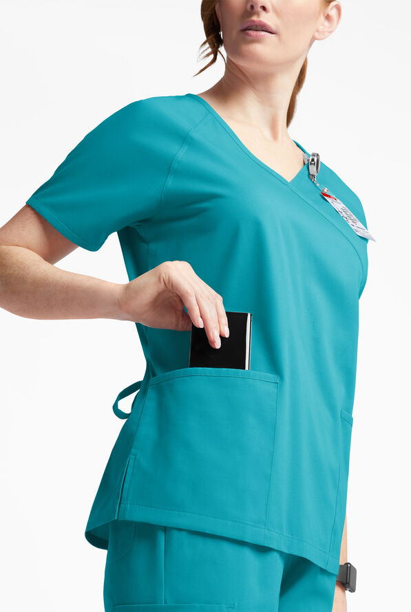 Butter-Soft Originals Women's 3-Pocket Mock Wrap Scrub Top - Teal - 4