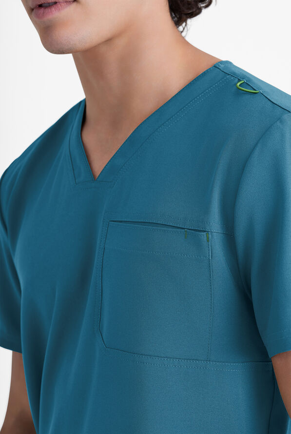 Grey's Anatomy by Barco Evolve STRETCH Journey Men's 1-Pocket Tuck In V-Neck Scrub Top - Bahama Blue - 4
