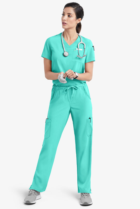 Easy STRETCH Chloe Women's 3-Pocket V-Neck Tuck-In Scrub Top - Aqua Dust - 2